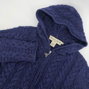 Aran Mor Ireland Womens Small Blue Cable Knit Wool Full Zip Cardigan Sweater